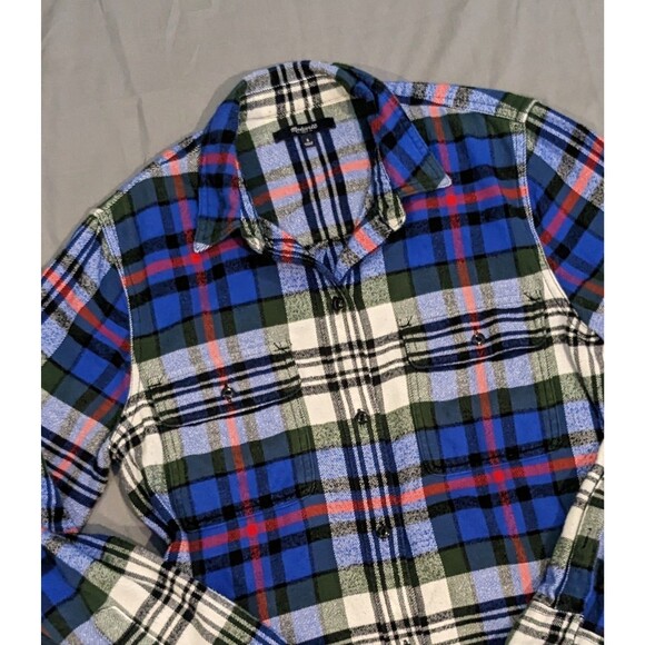 Madewell Size Small Flannel Top Womens Blue Plaid Shirt White Green LS Button - Picture 2 of 7